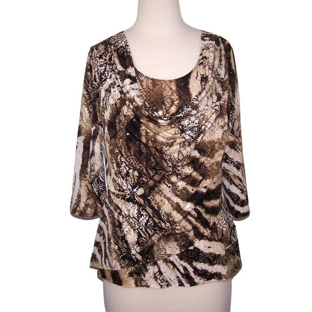 Dressbarn Shirt Top PXL TwoFer Cowl Neck Paillette Sequins Stretch Brown White